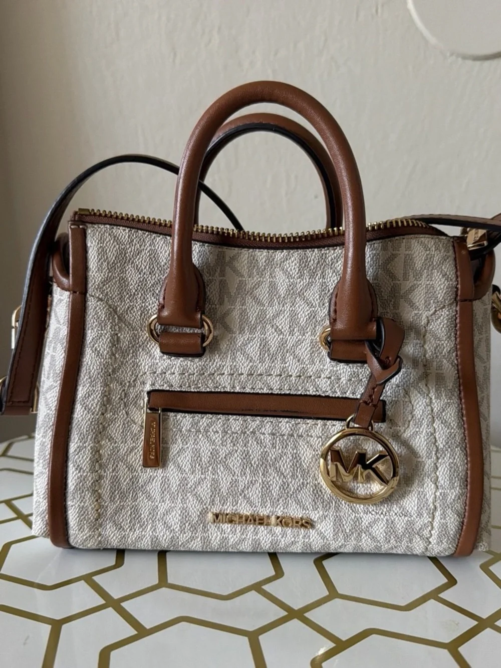Michael Kors Cream Canvas and Brown Leather Satchel